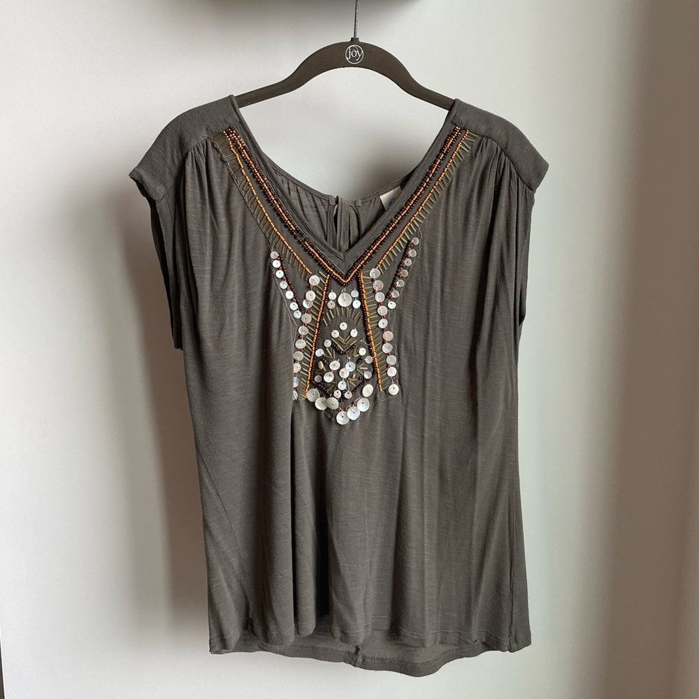 ANTHROPOLOGIE Beaded Olive Gray Top Size Small